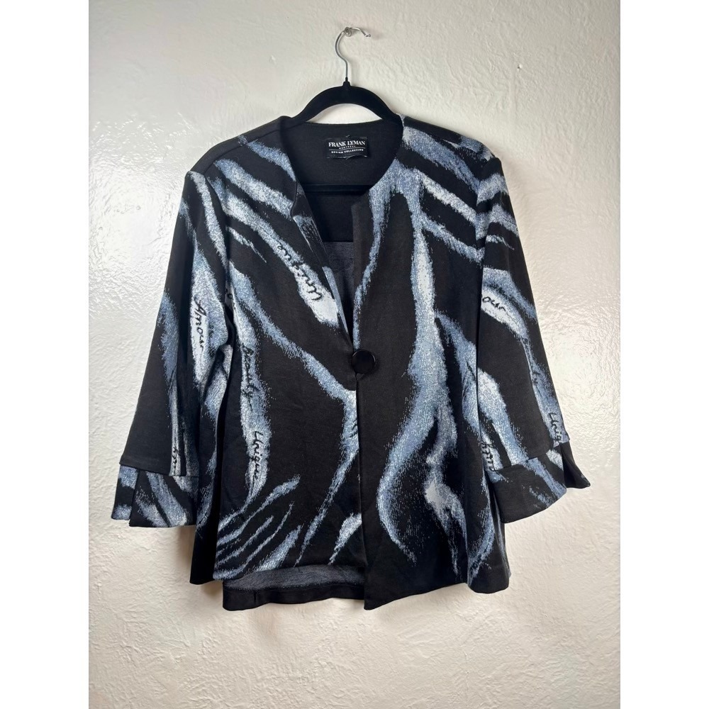Frank Lyman Cardigan Sweater XL Black Blue Zebra Script Print Artsy Eclectic